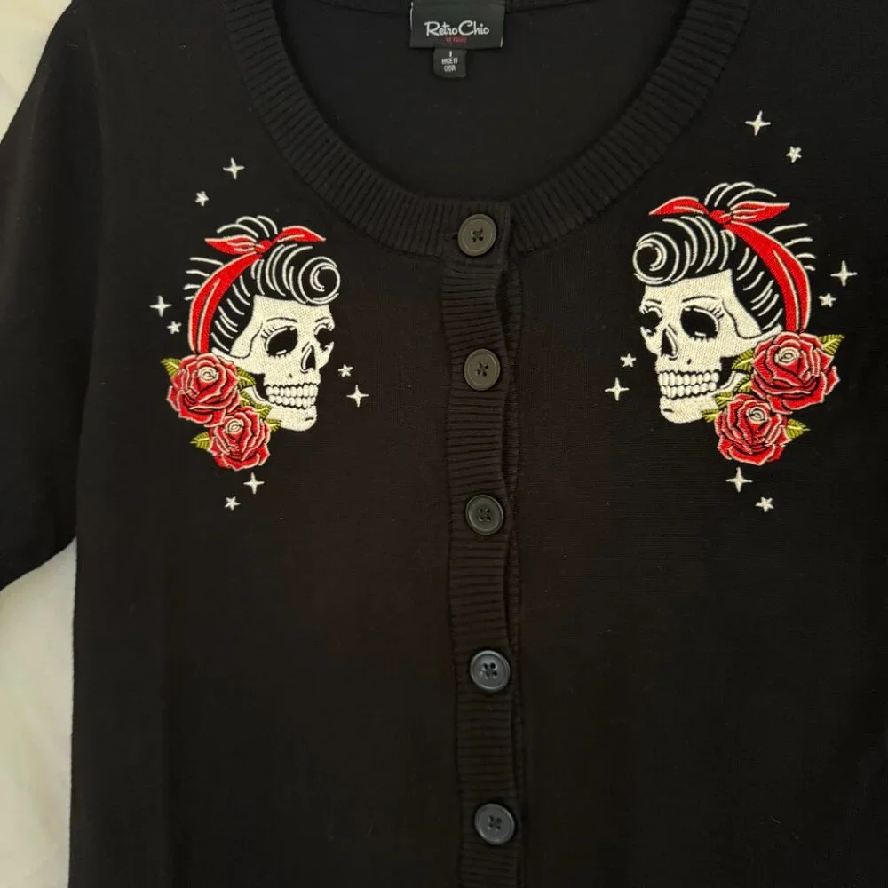 Retro Chic Rockabilly Floral Skull Crop Cardigan - Picture 4 of 5